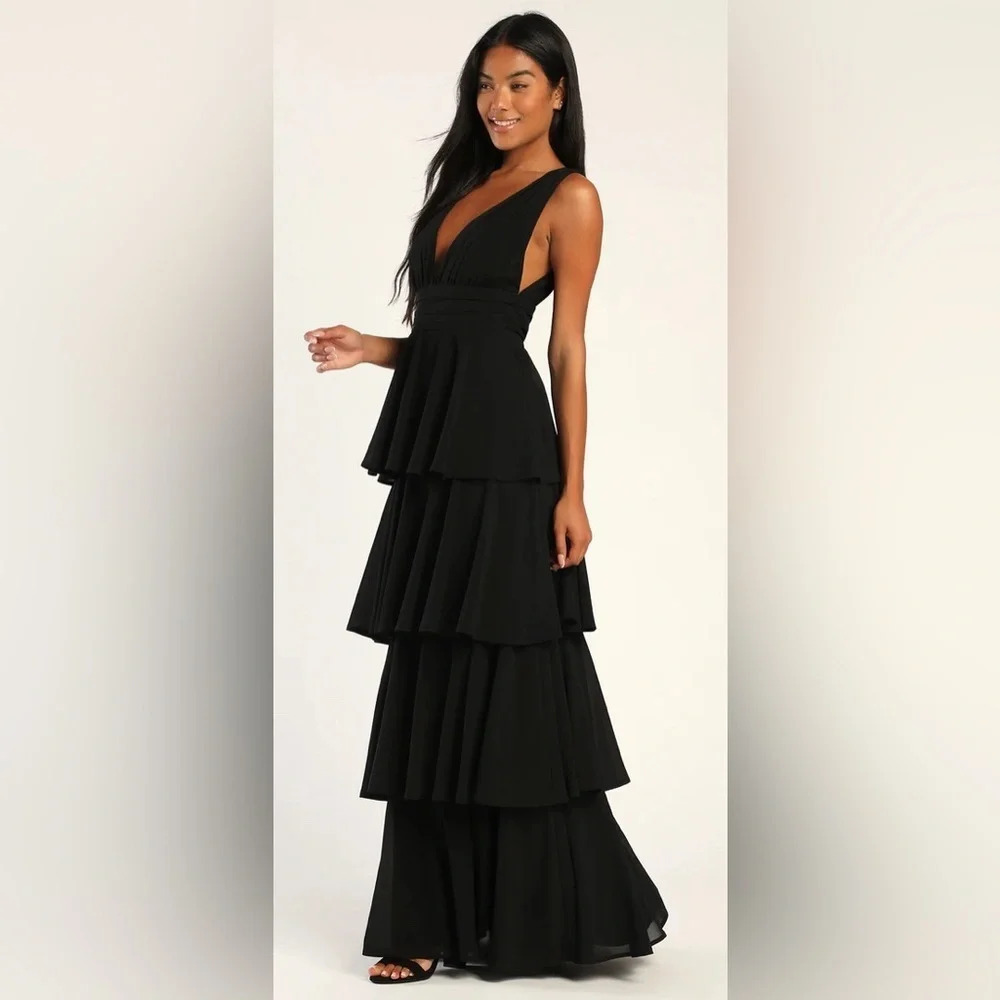 - Lulu's Amazing Evening Black Tiered Maxi Dress Wedding Party Black Large…
